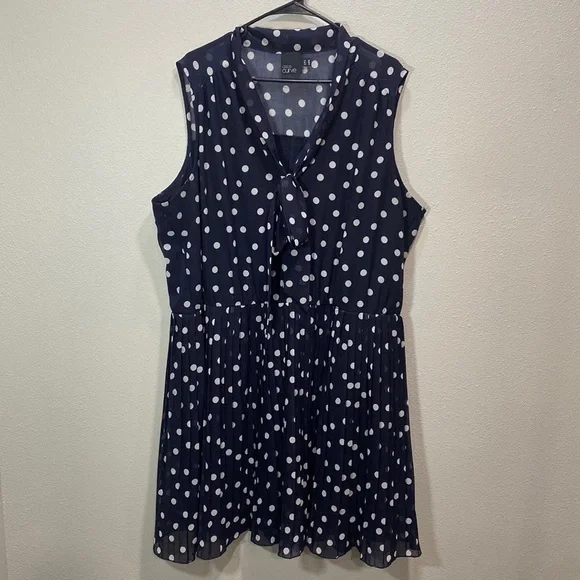 ASOS curve polka dot pleated sleeveless dress navy white - Picture 1 of 11
